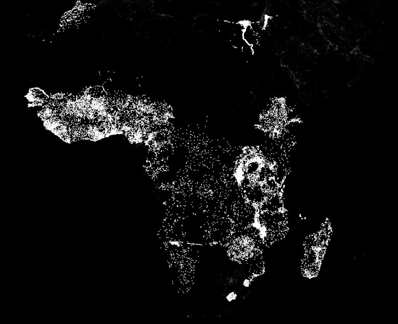 Stanford researchers use machine learning to compare the nighttime lights in Africa – indicative of electricity and economic activity – with daytime satellite images of roads, urban areas, bodies of water and farmland. (Image from Stanford.edu)