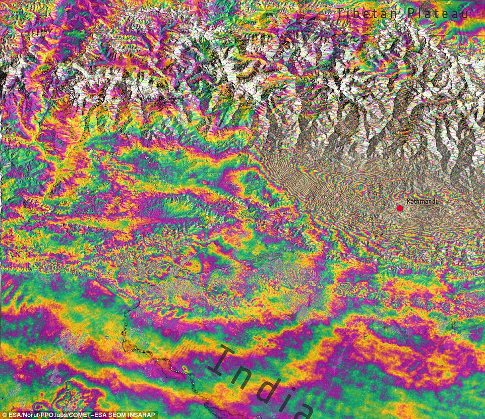 Interferogram over Kathmandu, Nepal, generated from two Sentinel-1A scans on 17 and 29 April 2015 – before and after the 25 April earthquake. Each  ‘fringe’ of colour represents about 3 cm of deformation. The large amount of fringes indicates a large deformation pattern with ground motions of 1 m or more. Source: ESA