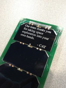Laser etched CubeSat solar cell at the $50 reward level. Each solar cell measures approximately 8 cm x 4 cm, and comes bare (i.e. not mounted on the green PCB).