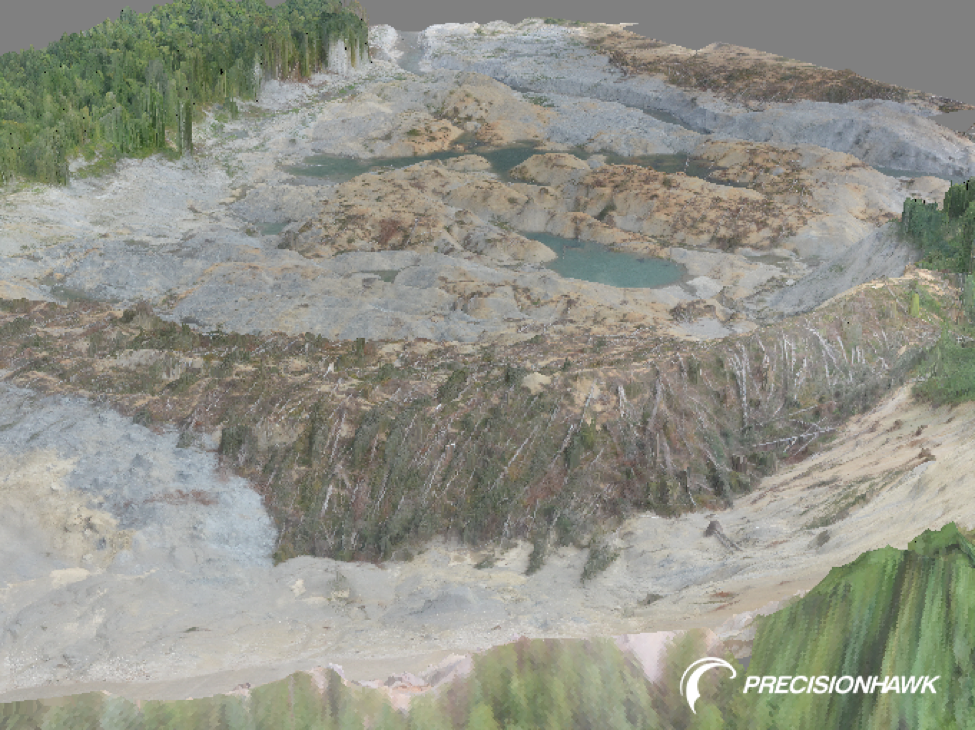 3D terrain reconstruction of the Oso mudslide zone created using PrecisionHawk’s software arm, DataMapper