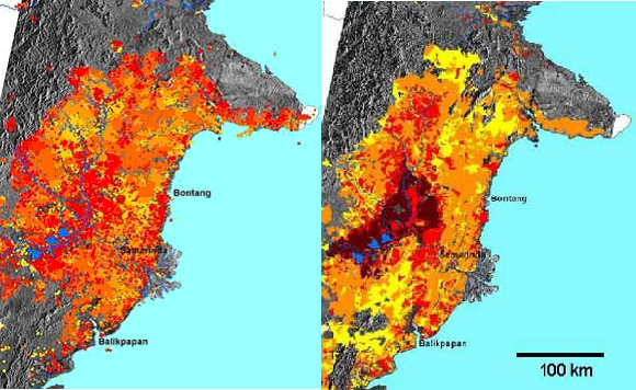 Forest Fire Damage Assessment derived from ERS C-Band Multi-Temporal Interferometric SAR (left) and NOAA AVHRR hot spots (right, Source: ESA) 