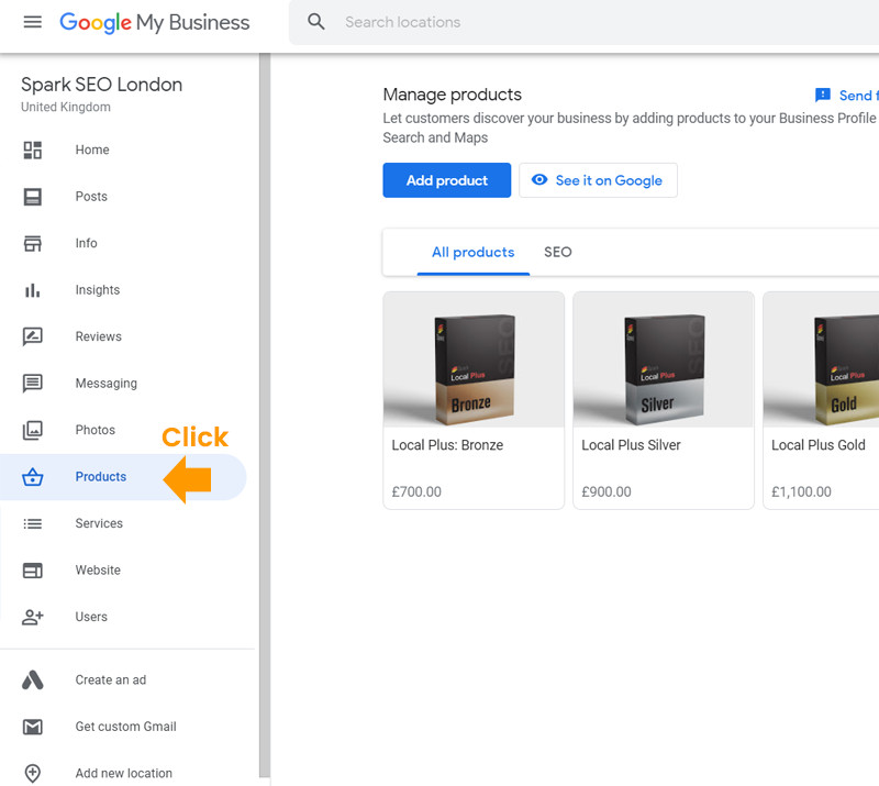 Google My Business Products - logged in