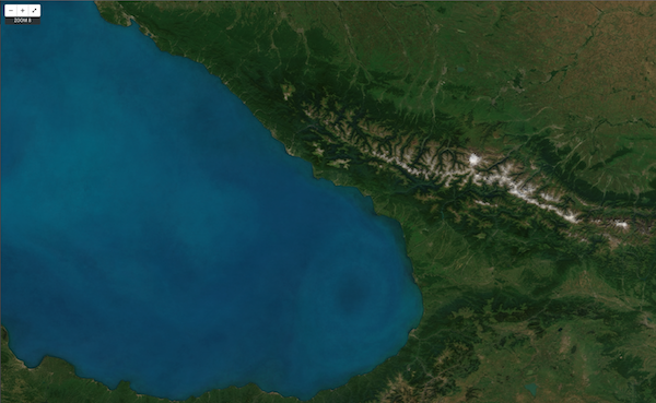 The eastern end of the Black Sea (latitude 42, longitude 40). The southern shore is Turkey; to the east are Armenia and Georgia. To the north, past the Caucasus mountains, is Russia – including the resort town of Sochi, which will host the 2014 Winter Olympics. The ring-like pattern in the sea is the Batumi Eddy, a circulating current rich in phytoplankton.