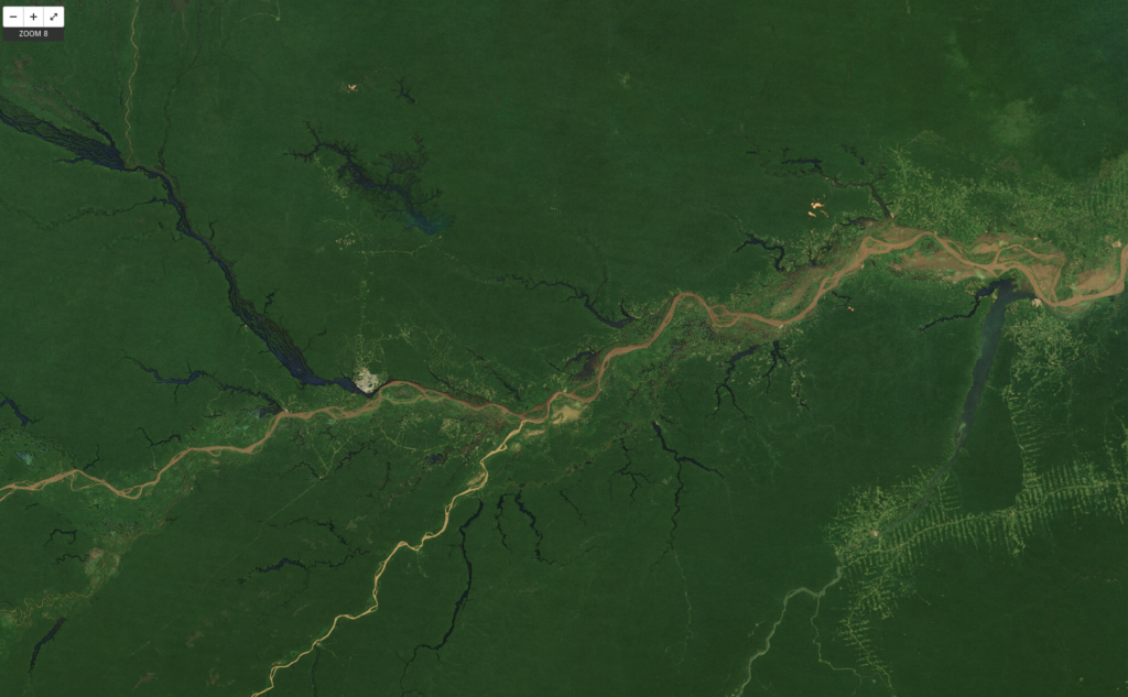 On the left is Manaus, Brazil (latitude −3, longitude −60), the economic capital of the central Amazon basin. To its north and east, on the north side of the Amazon, the small orange patches are the exposed soil of bauxite (aluminum) mines. On the south side of the Amazon are networks of logging roads.