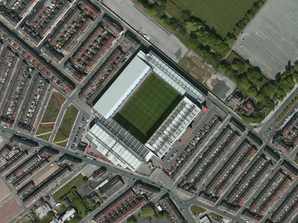 anfield-liverpool football stadium on satellite images