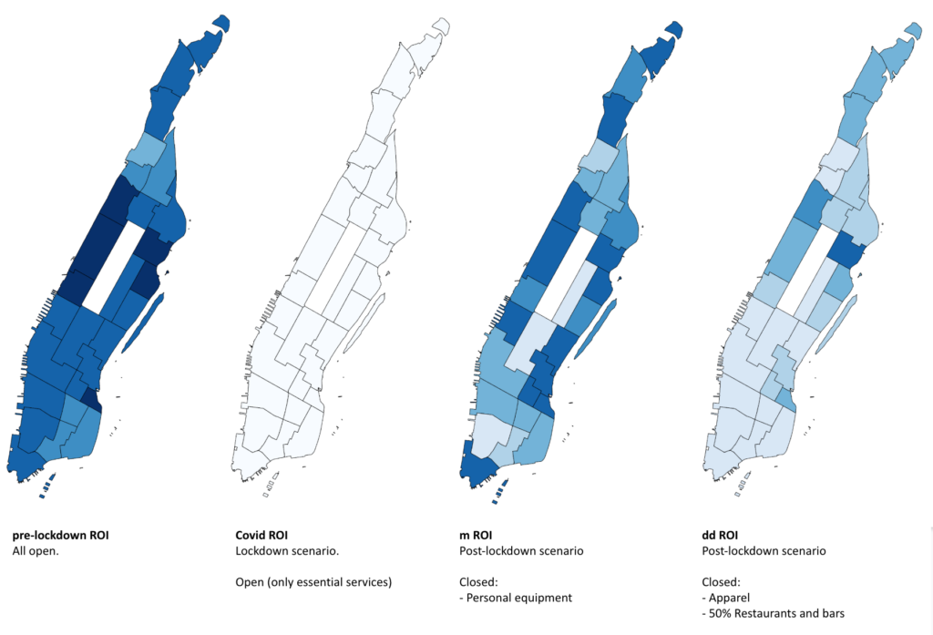 Manhattan retail occupancy scenario. The intensity of the blue indicates the occupancy level of retail spaces. 