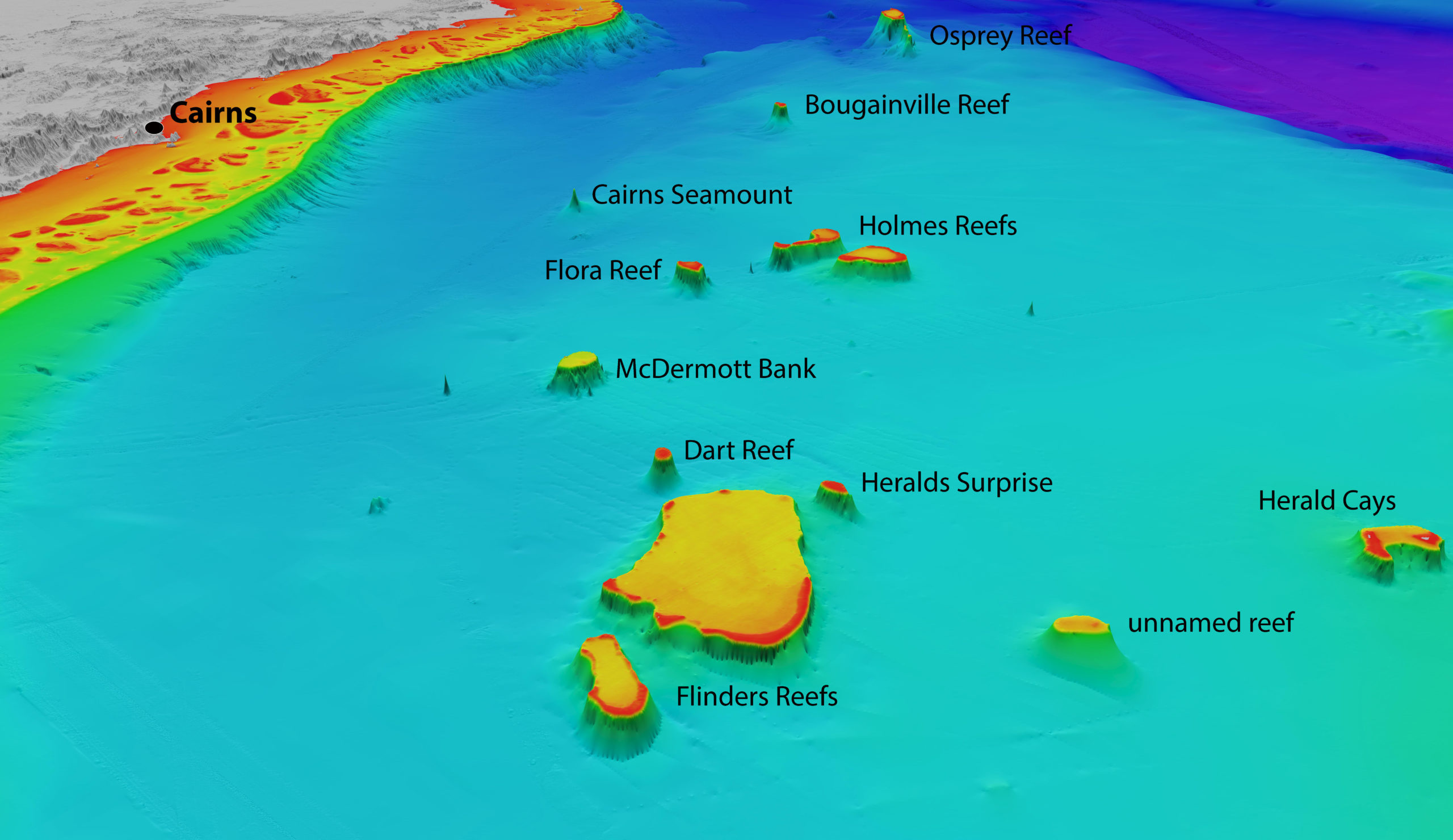 North-westerly view of the Coral Sea reefs towards Cairns. Depths are coloured red (shallow) to purple (deep), over a depth range of about 4000 metres. Exposed land is coloured grey. Source: Includes material © (2015) EOMAP. All rights reserved.