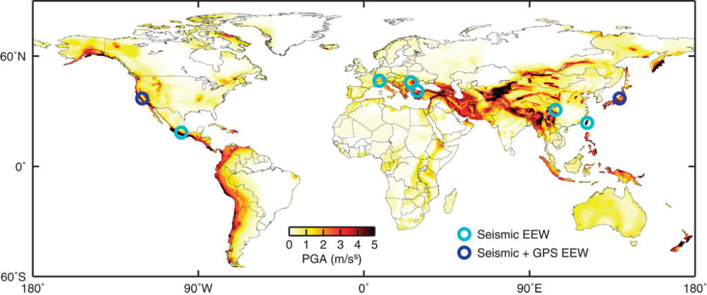 Global seismic hazard and extent of EEW. Symbols show the few regions of the world where public citizens and organizations currently receive earthquake warnings and the types of data used to generate those warnings (7). Background color is peak ground acceleration with 10% probability of exceedance in 50 years from the Global Seismic Hazard Assessment Program. (Reference: Minson, et.al) 