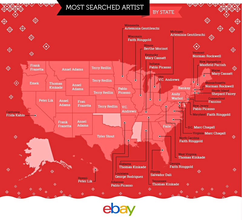 Ebay map of most searched artists state-by-state (US)