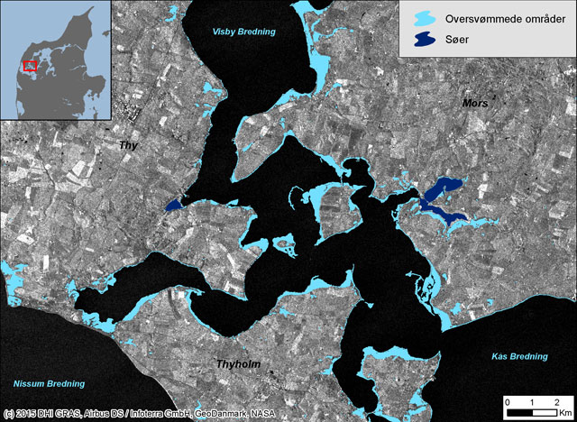 Flooded area over Northern Jutland demarked as liht blue surfaces. Source: Geospatial Solutions