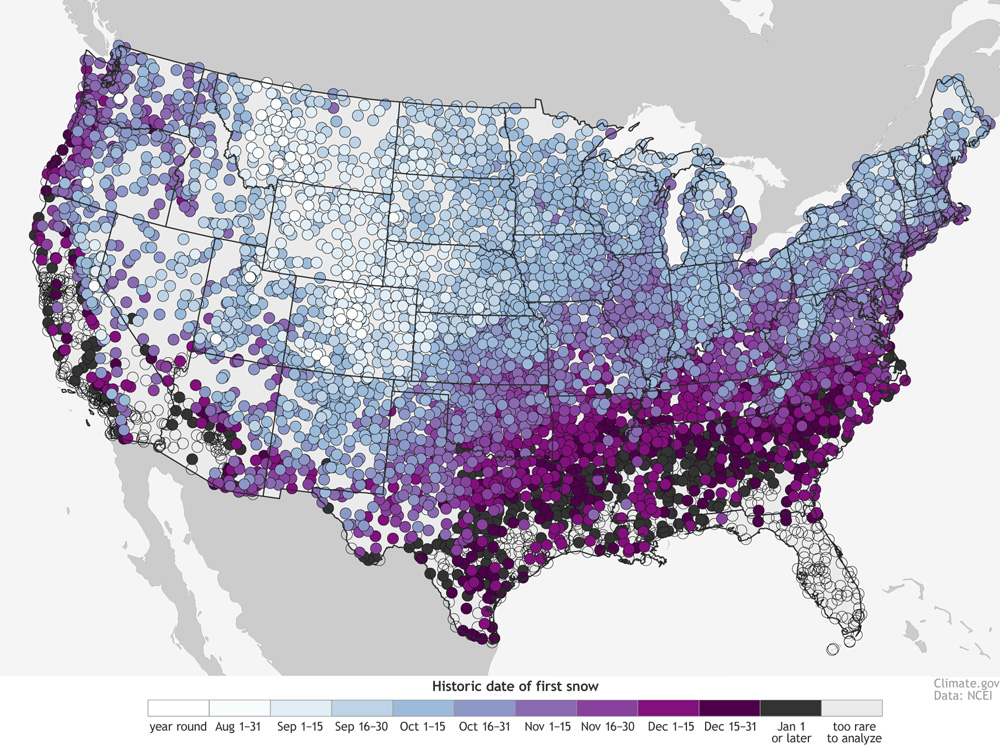 Map of first days of snow across the US Geoawesomeness