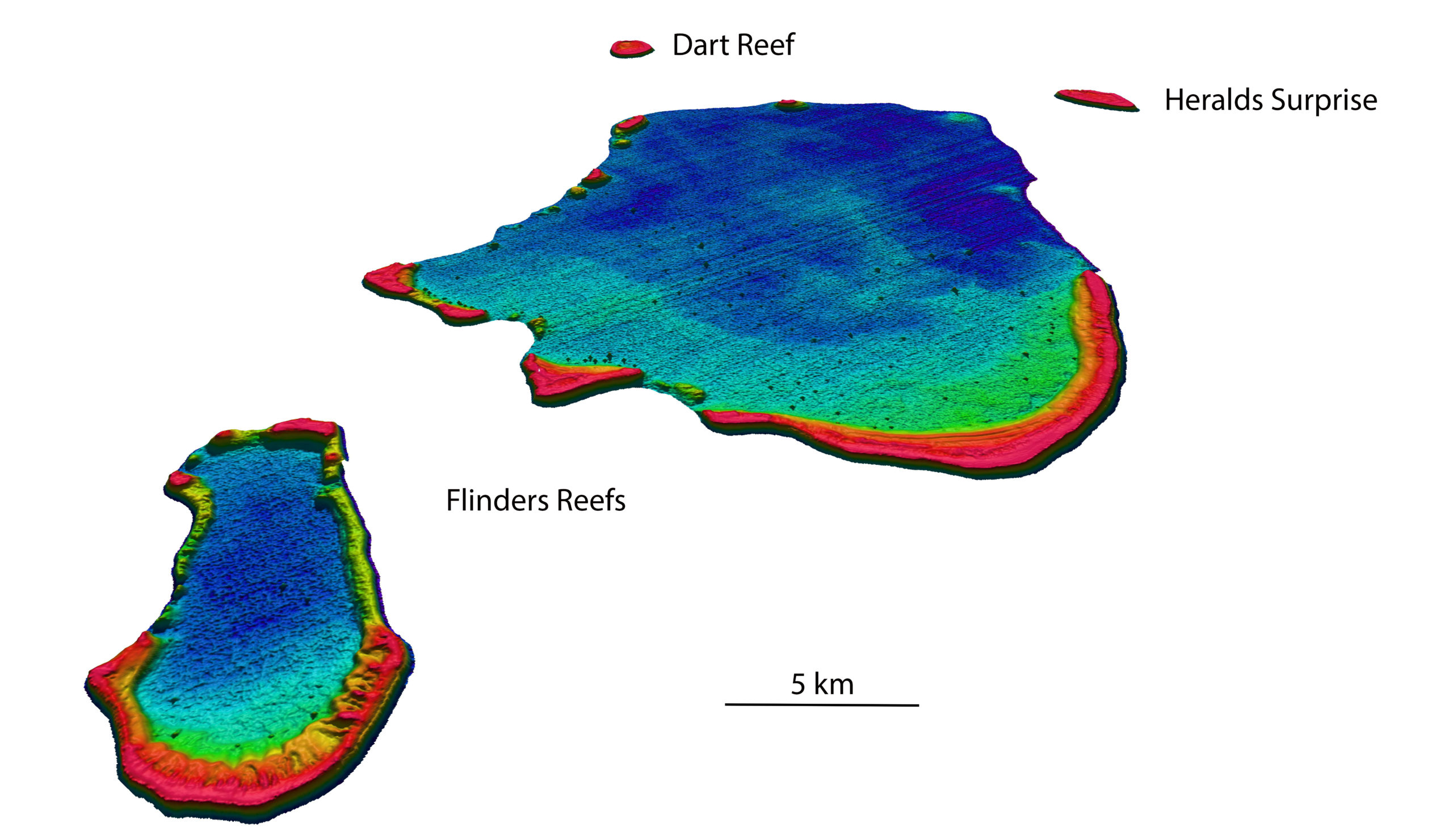North-westerly view of the Flinders Reefs in the Coral Sea, about 230 km offshore from Townsville. Depths are coloured red (shallow) to purple (deep), over a depth range of about 50 metres. Source: Bathymetry data © (2015) EOMAP Bathymetry