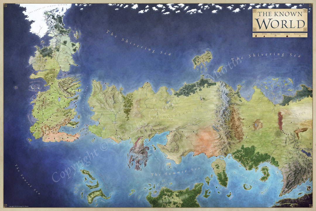 Official World Map for George RR Martin's series A Song of Ice and Fire, from Westeros to Asshai, from the summer isles to the blasted waste of old valyria