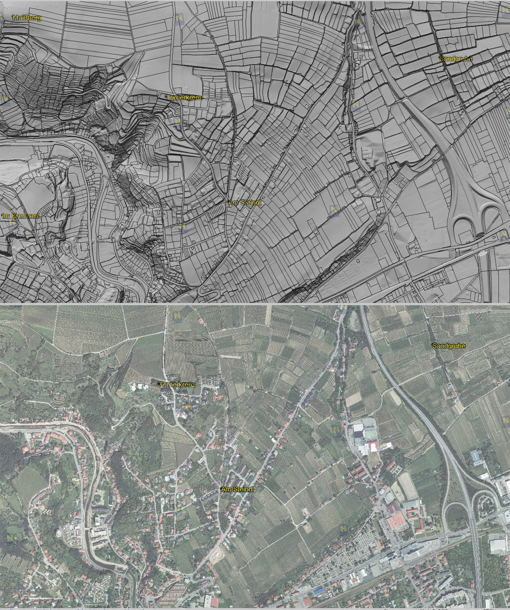 The maps show the area around the city of Krems and the eastern part of the Wachau, UNESCO world heritage and famous for its wine terraces. - The lascer scan greatly reveals a landscape of wine terraces, the river Danube, but also artificial objects as roads and dams. 