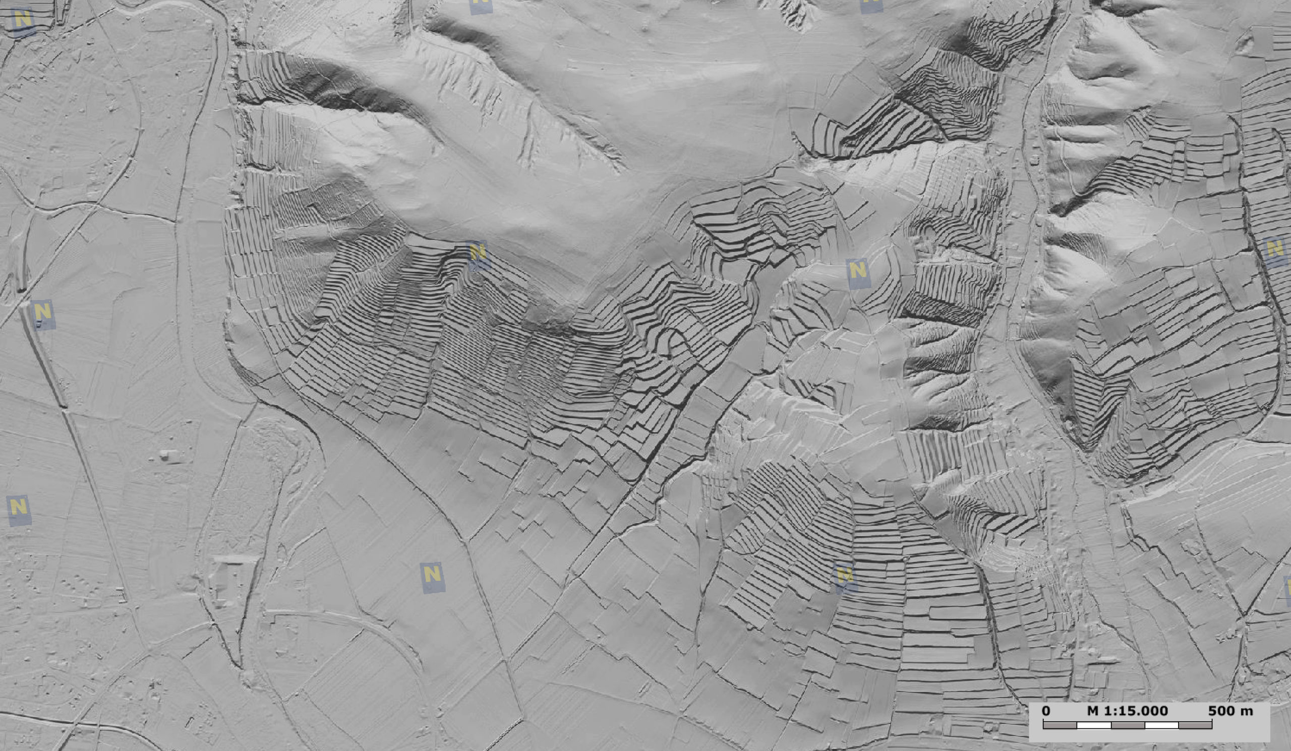 LIDAR heights model in the north of Krems showing wine terraces (here without land boundaries). 