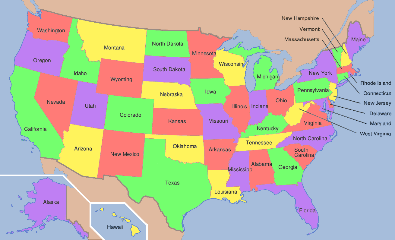 usa map with state names and capitals