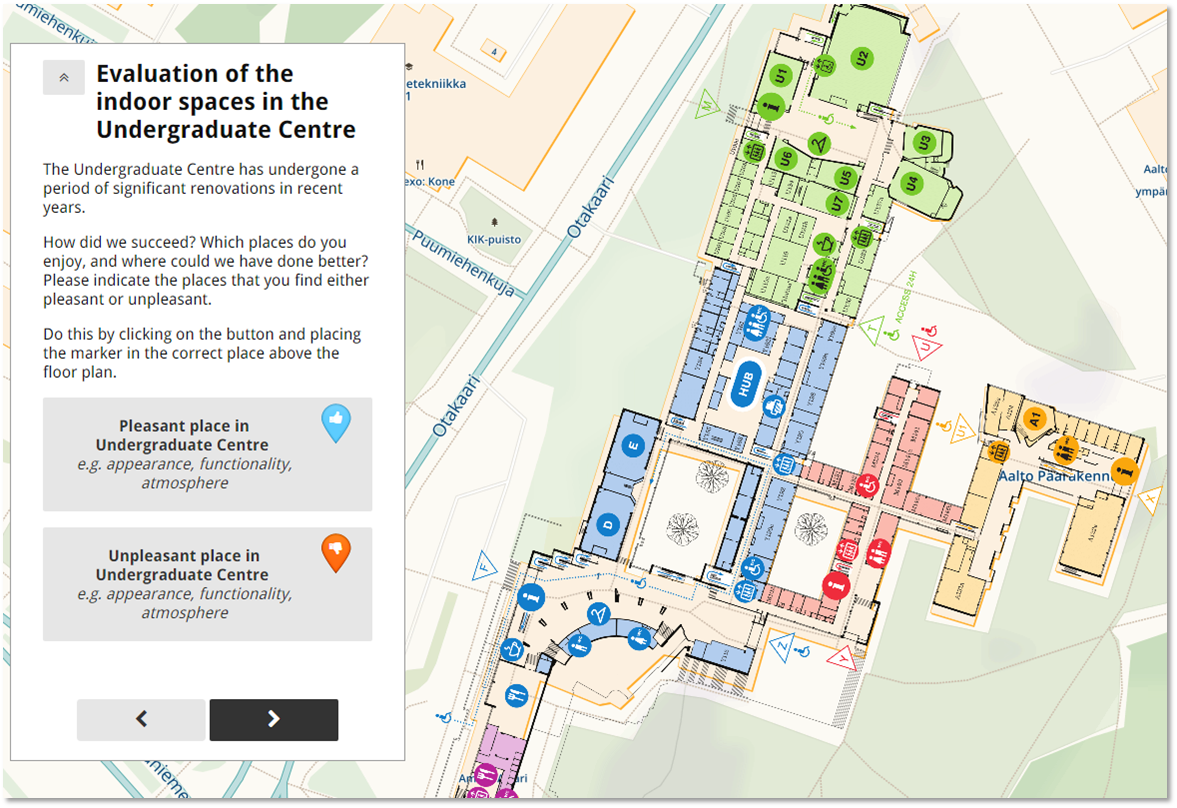 Aalto University Campus & Real Estate did a customer satisfaction survey about the campus area last year, including indoor mapping of some of their premises. The survey results will be utilized in the further development of services in the campus area as well as in research concerning campus development.