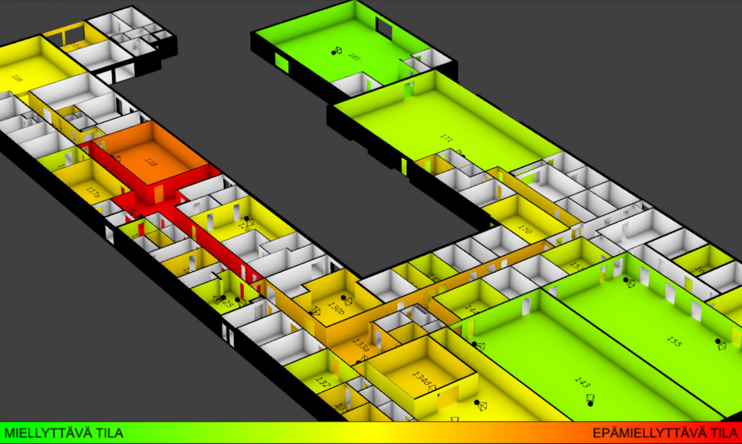This image portrays one way of processing and visualizing user data collected with Maptionnaire. The green end of the spectrum displays what people have perceived as pleasant places and the red end highlights unpleasant bits of the facility. This quite effectively demonstrates where the application of redesign resources creates most value. Modeling and programming: Petri Kangassalo, Aalto Built Environment Laboratory.