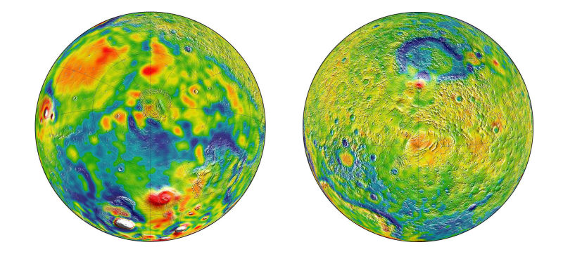 White and Red indicates the areas of higher gravity, Blue indicates areas of lower of gravity of North and South poles respectively.