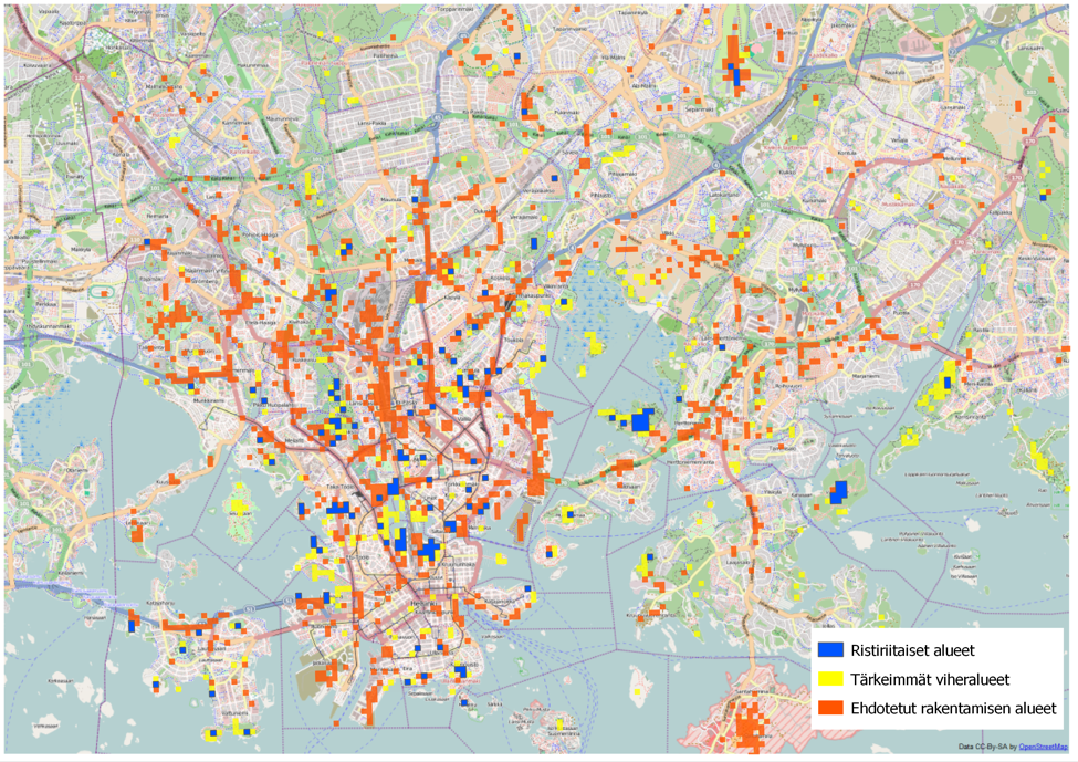 Mapped citizen insight for future Helsinki. Orange for the most desirable development spots, yellow for the most important green areas, and blue for conflicting interests. Image by Mapita.
