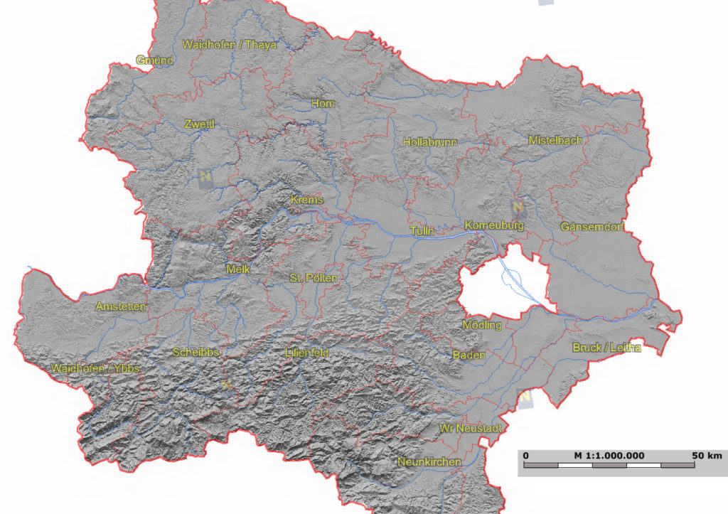 GIS-interface of the region of Lower Austria - an overview. The white gap in the centre-right is the city of Vienna, which runs an own GIS interface. 