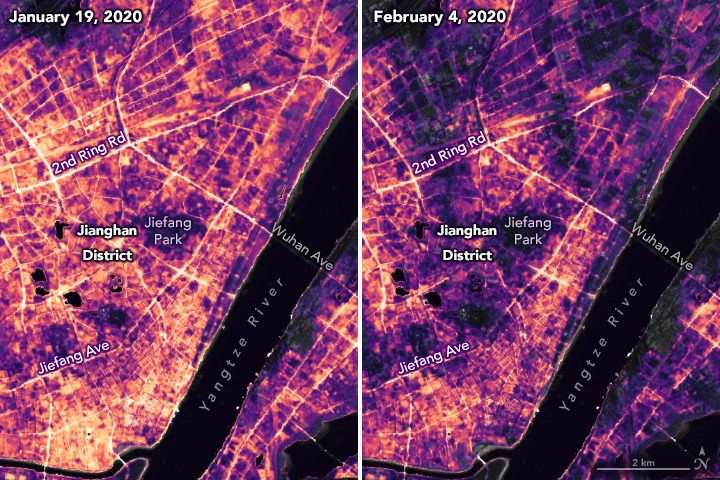 Nighttime satellite images of China - coronavirus impact