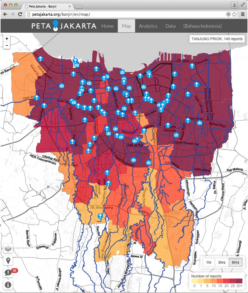 Screenshot from the system in action during flooding in January 2015. Image courtesy of PetaJakarta.org