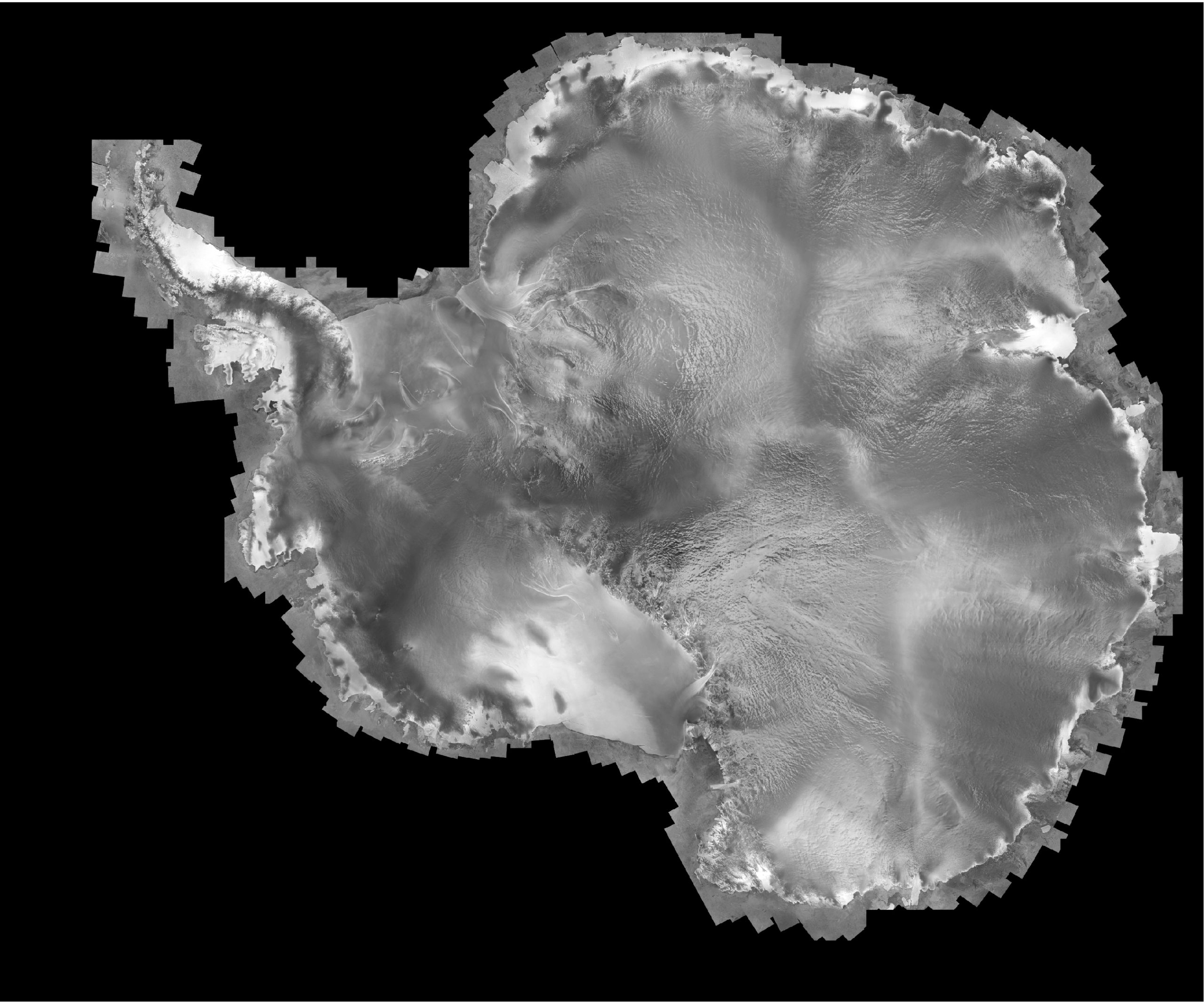 SAr Image from the Antarctic Mapping Mission of RADARSAT-1. The mosaic was coompiled by Byrd polar Research Station. The images were taken in 1997 and have a groudn resolution of 125m. Source: PGC. 