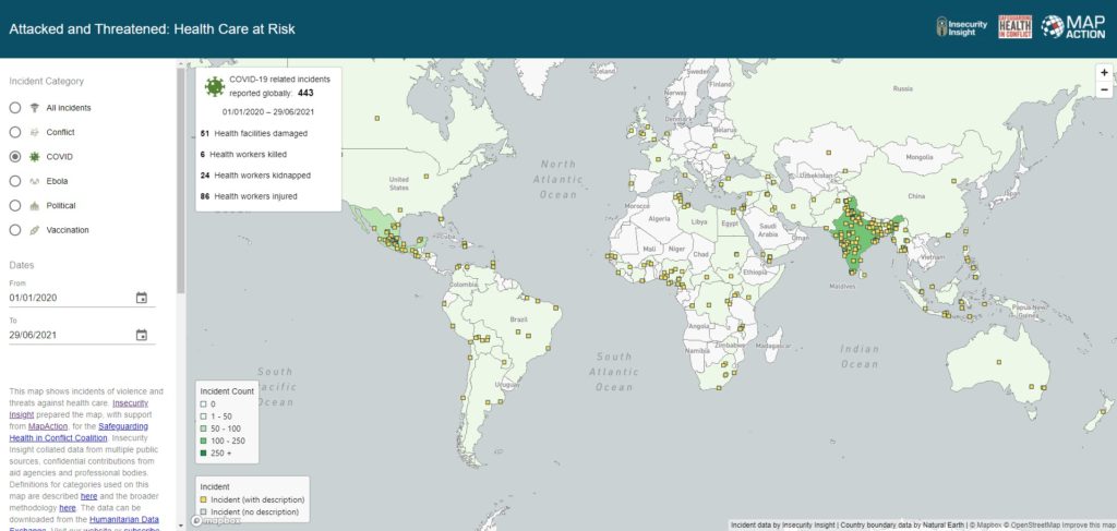 Screenshot of interactive web map entitled 'Attacked and threatened: health care at risk'