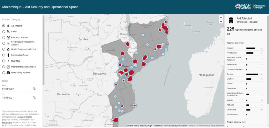 Screenshot of webmap entitled 'Mozambique - aid security and operational space'