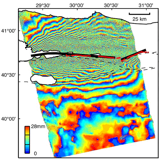 Interferogram (2 radar images) produced using ERS-2data from 13 August and 17 September 1999, spanning the 17 August Izmit (Turkey) earthquake. (NASA/JPL-Caltech). The image shows deformations after the earthquake. Source: http://en.wikipedia.org/wiki/Interferometric_synthetic_aperture_radar. 