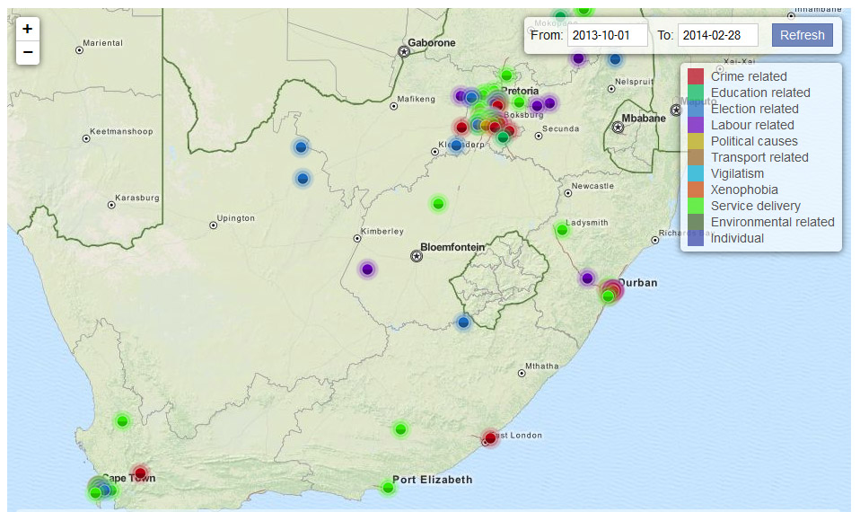 The map is stored at http://www.issafrica.org/crimehub/public-violence. The two examples show the positioning of violent incidents and its causation. Clicking on the single violent act you will get a description of what happened in detail. 