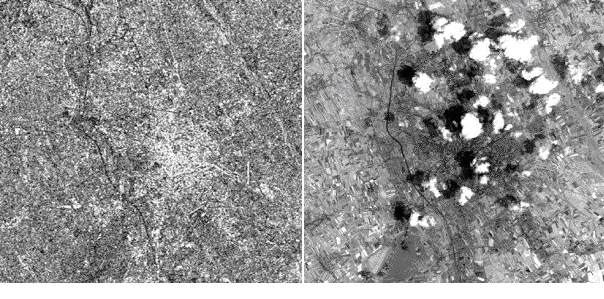 These images were acquired over the city of Udine (I), by ERS-1 on the 4th of July 1993 at 9.59 a.m. (GMT) and Landsat-5 on the same date at 9.14 a.m. (GMT) respectively. The clouds that are clearly visible in the optical image, are not appearing in the SAR image.