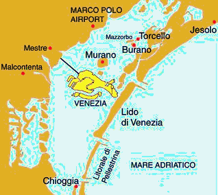 Site overview of Venice and the lagoon: the outer islands are artificially interrupted at three locations (until down to hte city of Chioggia). 