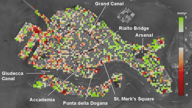 Venice’s displacement rate (mm/yr), as detected by satellites from March 2008 and January 2009. Image: Tosi and colleagues. Source: Spatialsource 