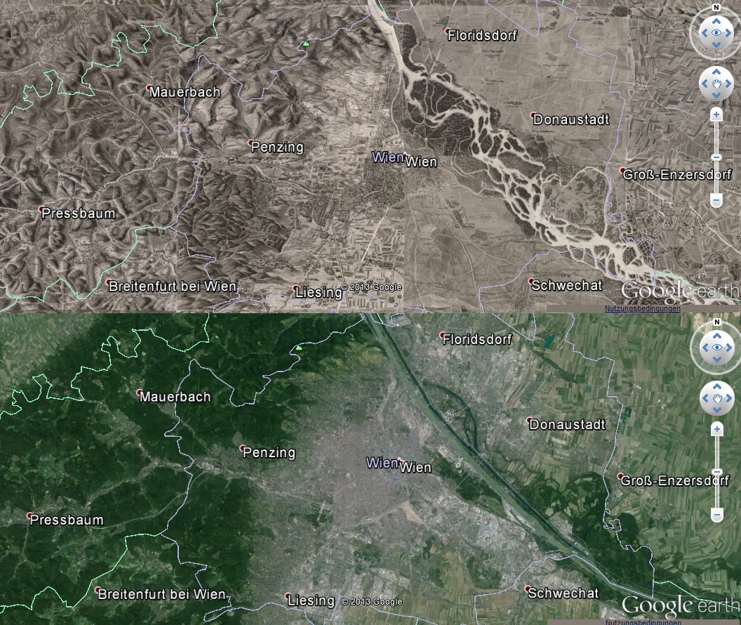 A historical map of Vienna from 1837 on google earth compared to the actual situation: very well to observe the modification of the river Danube and city growth. 
