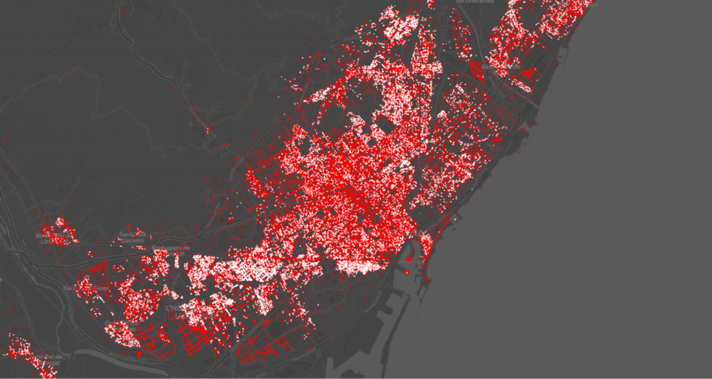 Covid19 Impact on Catalan Retail. Map of essential and non-essential businesses in Barcelona and its surroundings. White dots, essential businesses. Red dots, not essential.