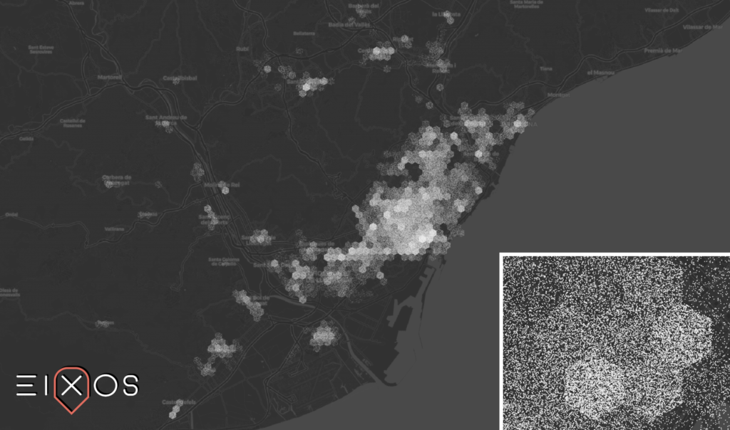 Map of retail & commercial workers in the metropolitan area of Barcelona. Each white dot represents a worker.