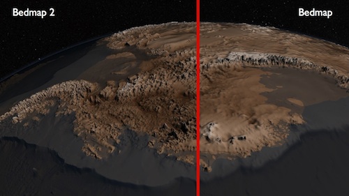 The image shows the differences between the most recent map of Antarctic's rocky surface bedmap2 (left) and its previous version bedmap (right) from 2001. The topography in bedmap2 reveals much more detail than in bedmap. 