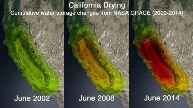 Picture: GRACE satellite data showing California's groundwater depletion in recent years. Image: NASA JPL