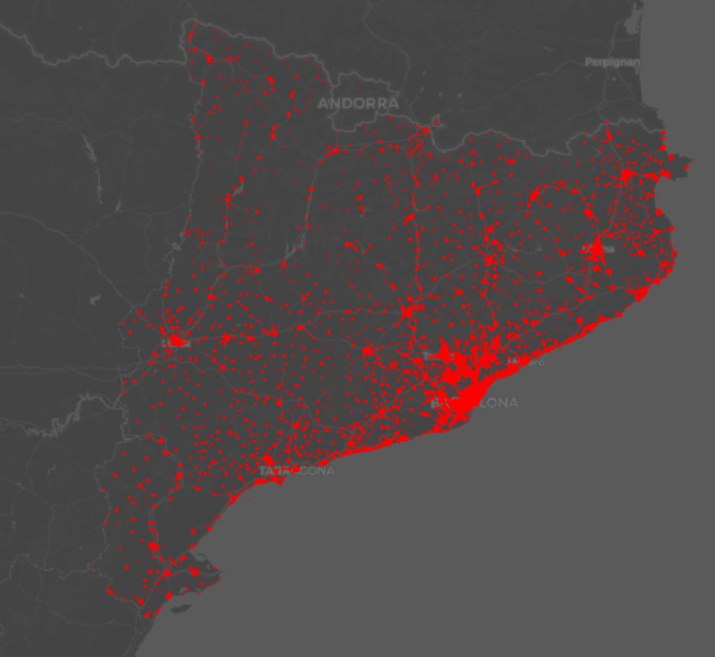 Covid19 Impact on Catalan Retail. Map of retail stores, hotels & restaurants in Catalonia at the end of 2019. Each red dot represents a commercial premises, active or closed.