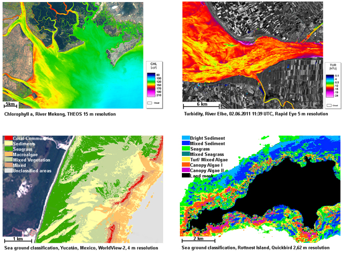 Water quality maps demonstrating the chlorophyll content (upper left panel), turbidity (upper right) and two types of sea bed classifications at the bottom from different waters (sweet water and ocean). Source: EOMAP
