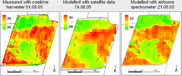 Yield measured by combine harvester (left), yield estimation based on multiangular CHRIS data (hyperspectral and multidirectional satellite sensor; middle) and AVIS data (Airborne Visible Infrared Imaging Spectrometer; right). Both images were taken around 6 weeks before harvest (June). Source: Vista-Geo GmbH