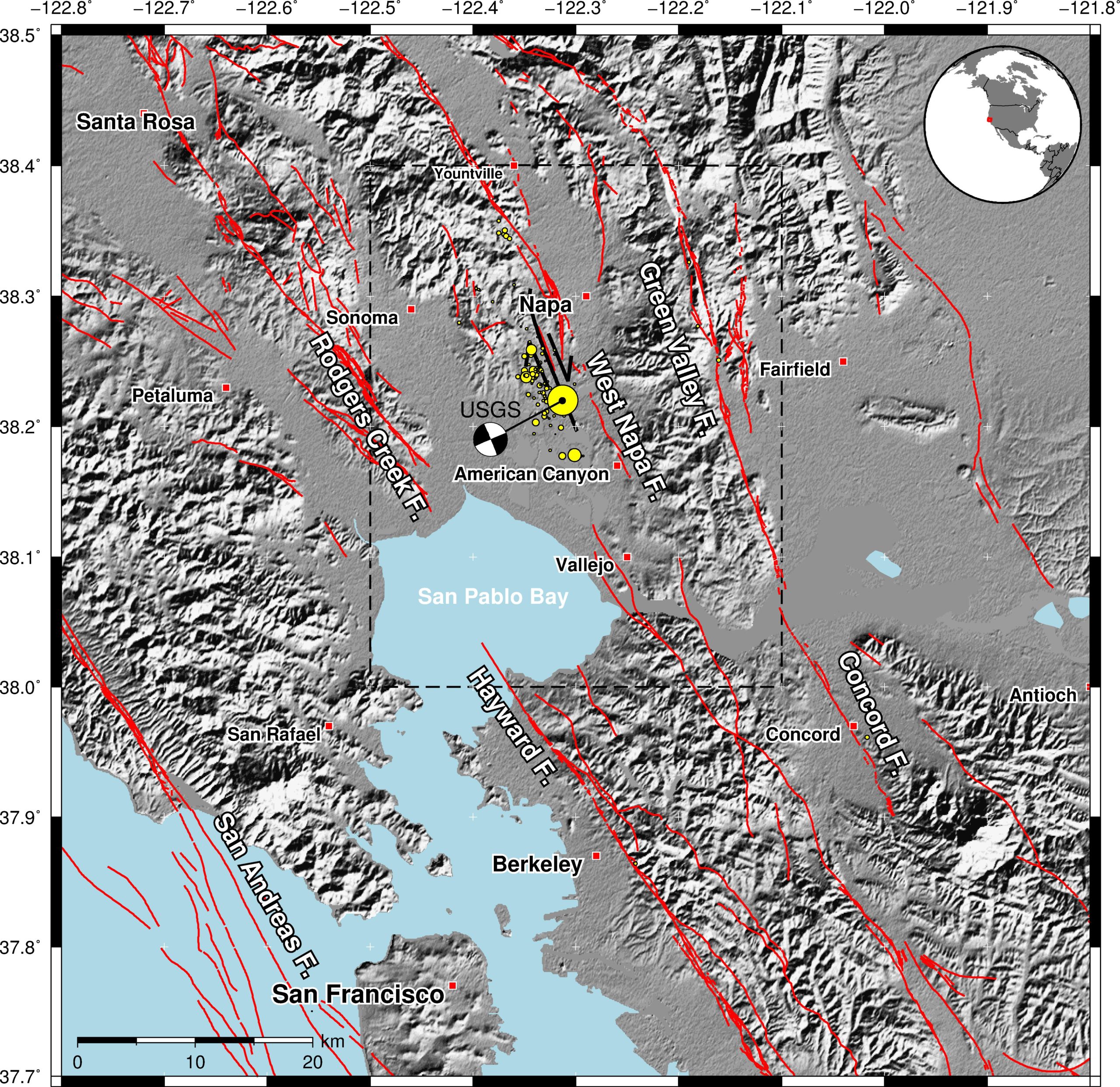 Fault map of the San Francisco Bay Area with faults in red colour. The fault rupture is shown by the black line, south-west of Napa (mapped by UC Davis scientists). The mainshock and smaller aftershocks are denoted by the yellow circles. Earthquake locations and existing fault locations sourced from USGS. Source: Earthquakes without frontiers.
