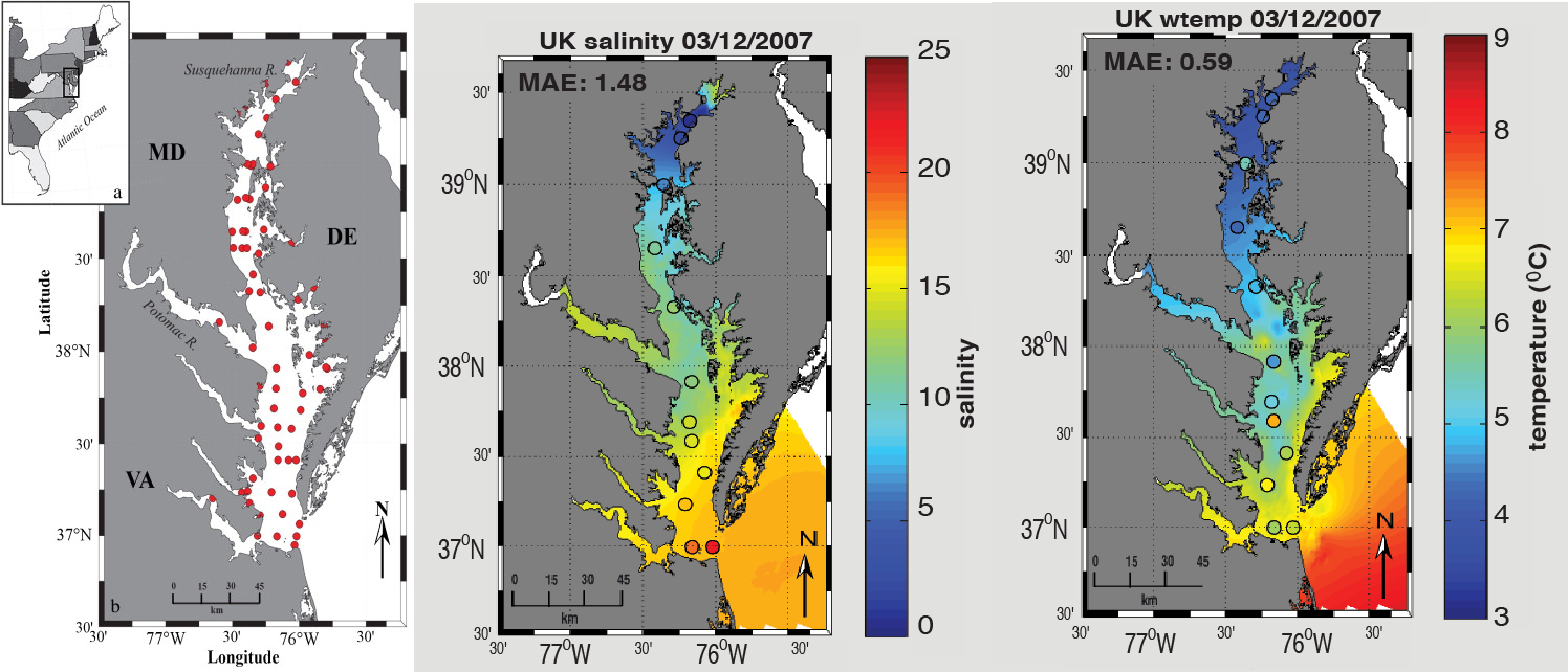 Surface Salinity of Chesapeake Bay; derived from MODIS image (the salinity observation network (left); overlay of salinity estimation and observation (middle);  overlay of temperature estimation and observation (right) )