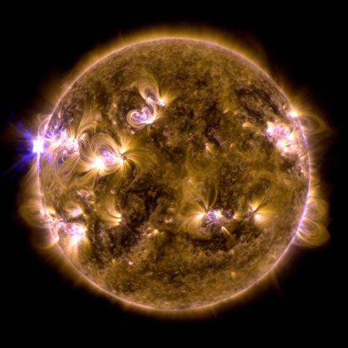 The sun erupted with an X1.7-class solar flare on May 12, 2013. This is a blend of two images of the flare from NASA's Solar Dynamics Observatory: One image shows light in the 171-angstrom wavelength, the other in 131 angstroms. Credit: NASA/SDO/AIA 