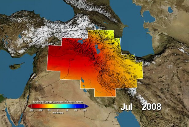 Variations in total water storage from normal, in millimeters, in the Tigris and Euphrates river basins, as measured by NASA's Gravity Recovery and Climate Experiment (GRACE) satellites, from January 2003 through December 2009. Reds represent drier conditions, while blues represent wetter conditions. The majority of the water lost was due to reductions in groundwater caused by human activities. By periodically measuring gravity regionally, GRACE tells scientists how much water storage changes over time. Image Credit: NASA / UC Irvine / NCAR