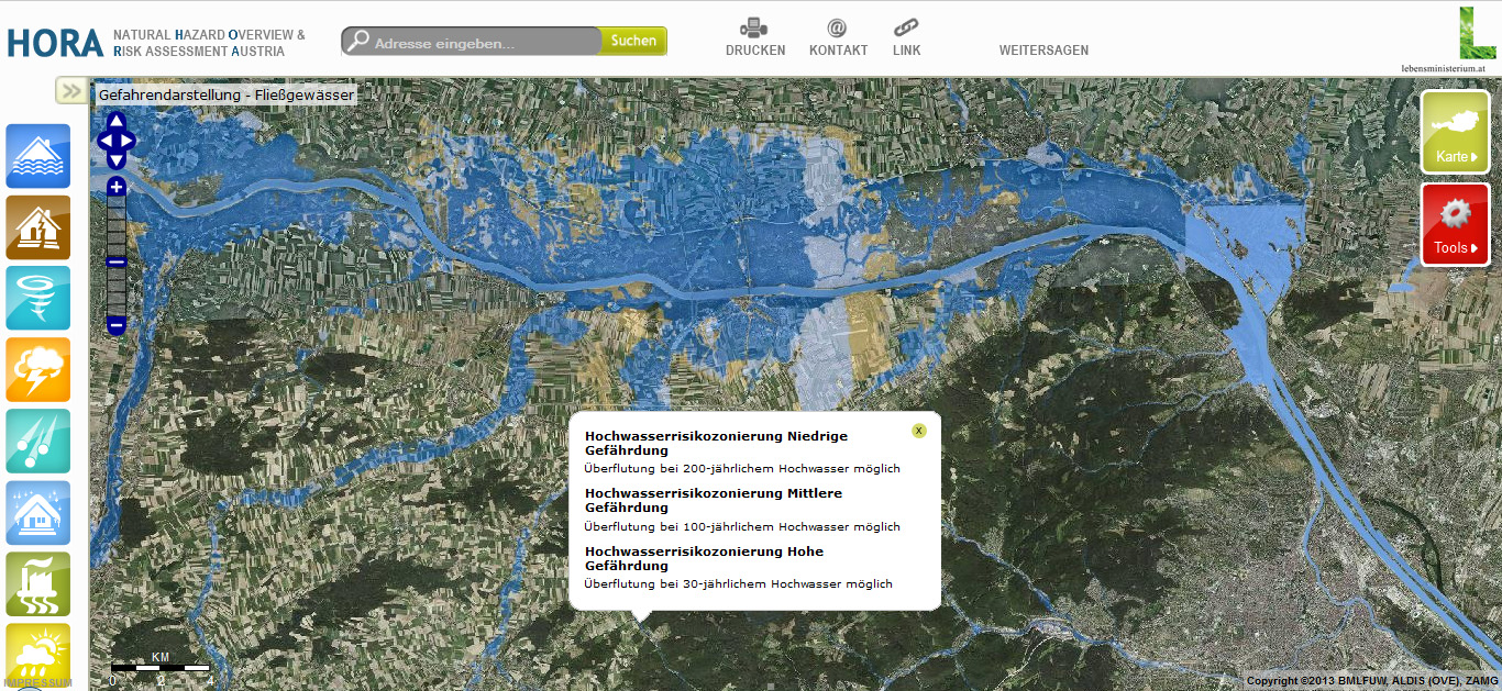 Flood risk map for the North of Vienna, Austria. (30-year, 100-year and 200-year flood)