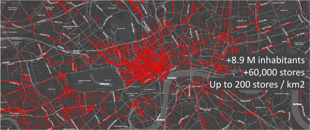 Red dots: retail stores in London