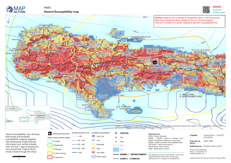 Hazard susceptibility map, showing flood zones and landslide susceptibility mapping, together with earthquake shake intensity information and rainfall isohyets from the last 7 days (including the time period that Tropical Storm Grace moved through the area)